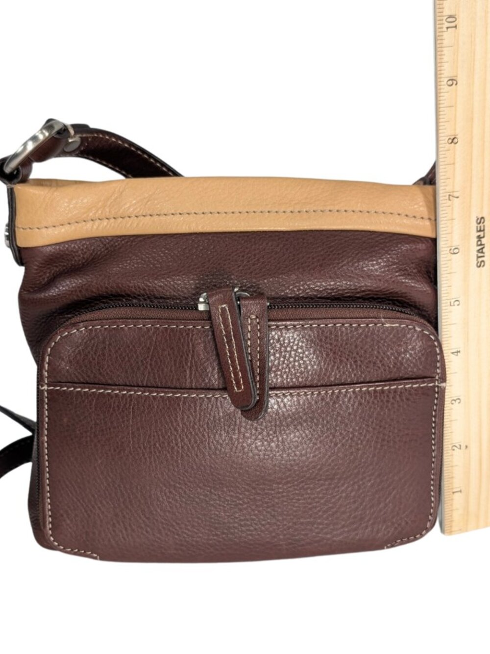 b.makowsky Brown Tan Leather Color Block Chunky Buckle Zip Crossbody w/Pockets - Picture 3 of 11